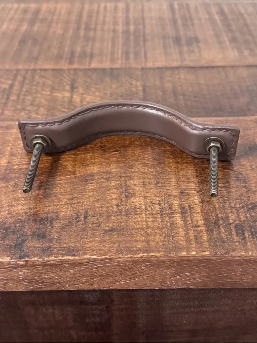 Anthropologie Leather Drawer Pull Handle Brown Saddle Stitch Brass Hardware NWOT
